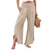 Women's linen wide-leg trousers with pleats, ruffled-Apricot M