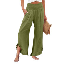 Women's linen wide-leg trousers with pleats,-Army Green S
