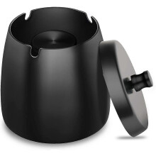Stainless Steel Ashtray w/ Lid - Heavy Duty, Non-Slip Base for Indoor/Outdoor Use in Garden, Bar, Office (Black)