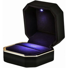 Luxury Ring Box, Square Velvet Wedding Ring Case Jewelry Gift Box with LED Light for Proposal Engagement Wedding, Black