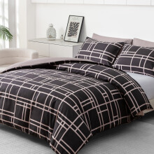 (Single, Warm Grey &amp; Black) Double Brushed Microfiber Duvet Cover Set Reversible Design with Zipper Closure and Corner Ties