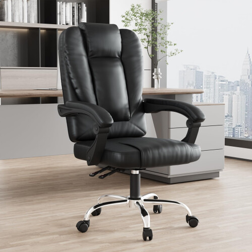 (Black) Ergonomic Office Chair Reclining PU Leather