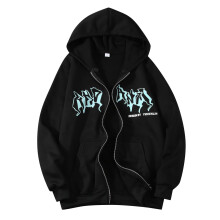 Oversize Hoodie Men's Y2K Style Long Sleeve Zip Hoodie With Pocket, Letter Print, Cotton, Black, Size M