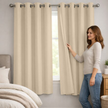 (46x54in-Small Window Curtains, Cream) Thermal Insulated Blackout Eyelet Curtains-Thick Ready Made Windows Drapes