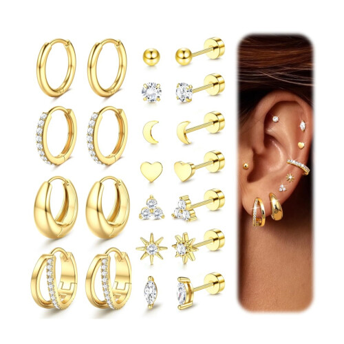 (B) Zircon Heart Moon Stud Earrings Set 1