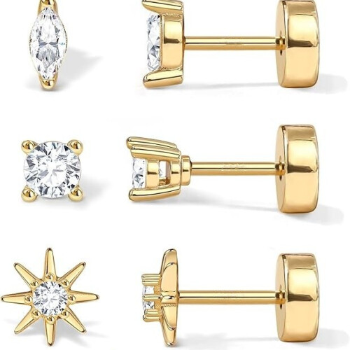 (c104 gold three pairs set) Luxury Star Moon Stud Earrings Set 1