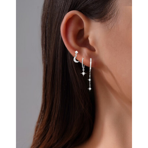 (Silver) Sun Moon Zircon Stud Earrings Set of 3