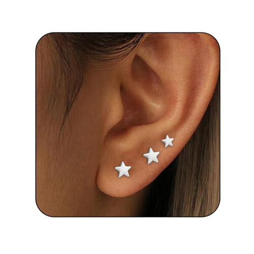 (Silver) Minimalist 5-Point Star Stud Earrings 3-Piece Set