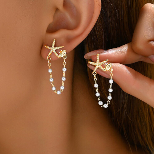 (A) Starfish Pearl Stud Earrings with Tassel