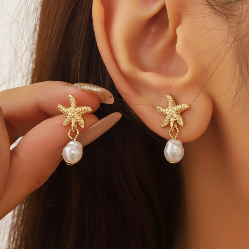 (C) Starfish Pearl Stud Earrings with Tassel