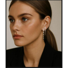 (e1536-Gold) Sparkling Zirconia Leaf Studs & Tassel Drop Earrings