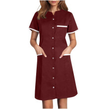 Scrubs Dress for Women Button Front Nursing Workwear-Red M