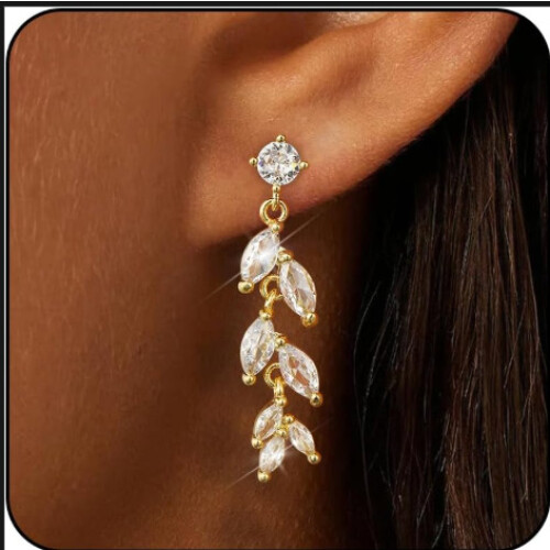 (Silver e1540) Sparkling Zirconia Leaf Studs & Tassel Drop Earrings 1