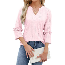 Women's Top: Ruffled Long-Sleeve Shirt, Stylish Casual-Pink S