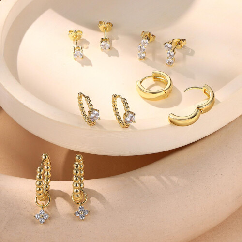 (Silver) Micro-Paved Zirconia 4-Leaf Stud Earrings, 5-Piece Set 2
