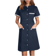 Scrubs Dress for Women Button Front Nursing-Navy Blue XXL