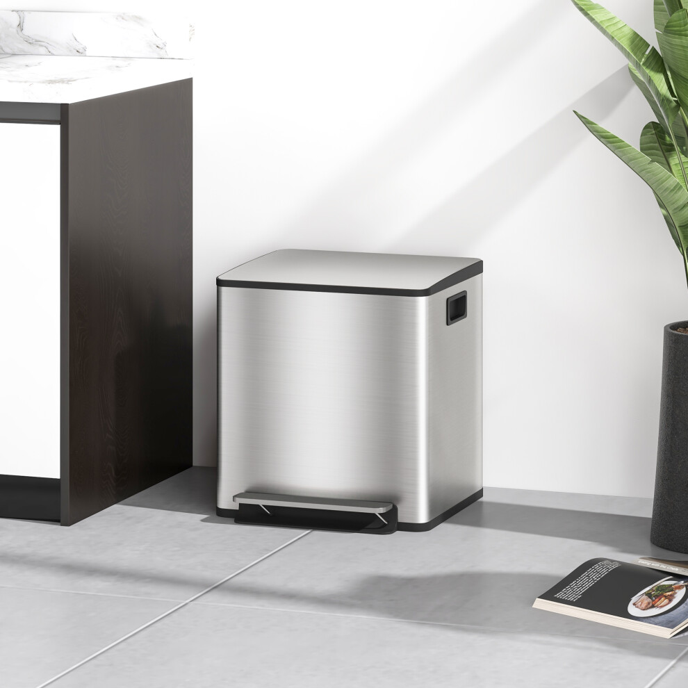 Homcom 2 X 15L Double Kitchen Bin, Pedal Bin Soft-Close Lid, Silver Tone