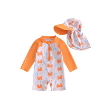 (6-12 Months, Orange) Toddler Boys Rash Guard Swimsuit Playsuits Crab Print Long Sleeve Baby Swimwear Bathing Suit with Swim Hat