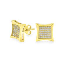 Square Shaped Cubic Zirconia Micro Pave CZ Kite Stud Earrings For Men Gold Plated .925 Sterling Silver 5MM