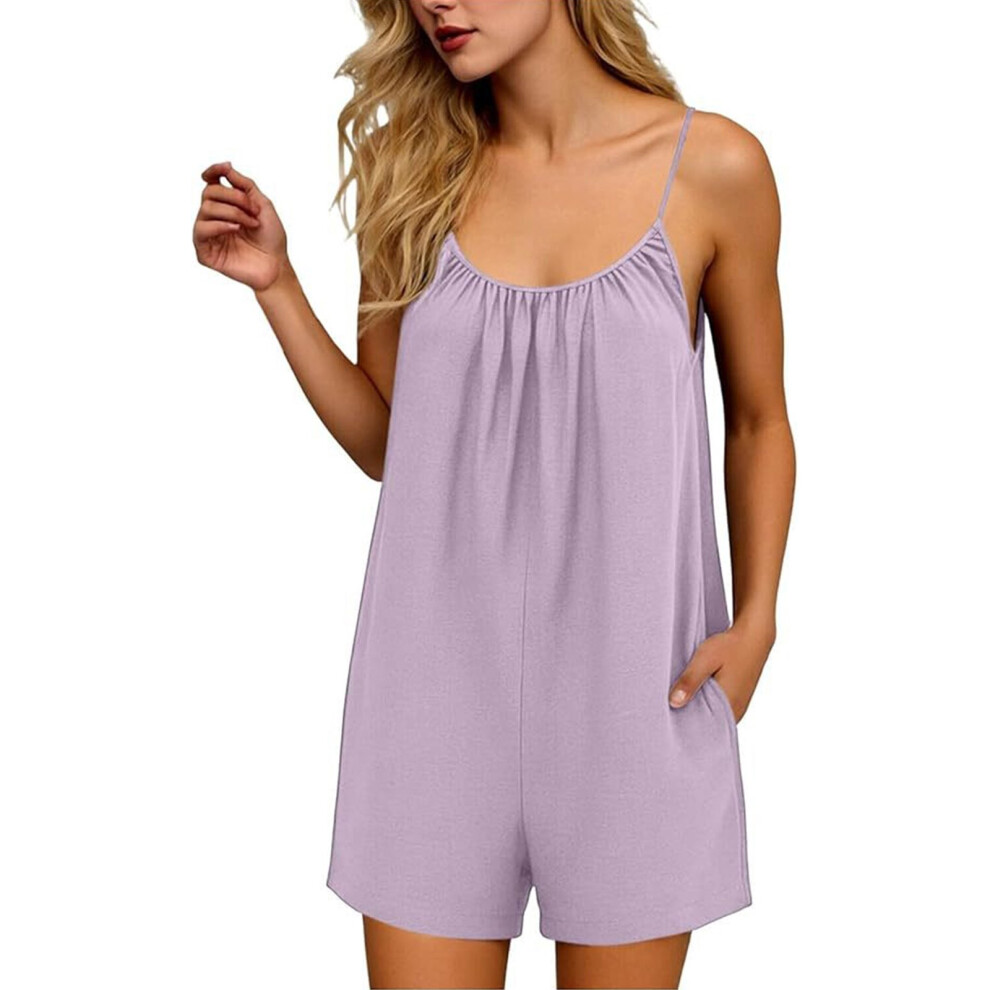 Women's Sleeveless Halter Short Romper Overalls For-Purple XL