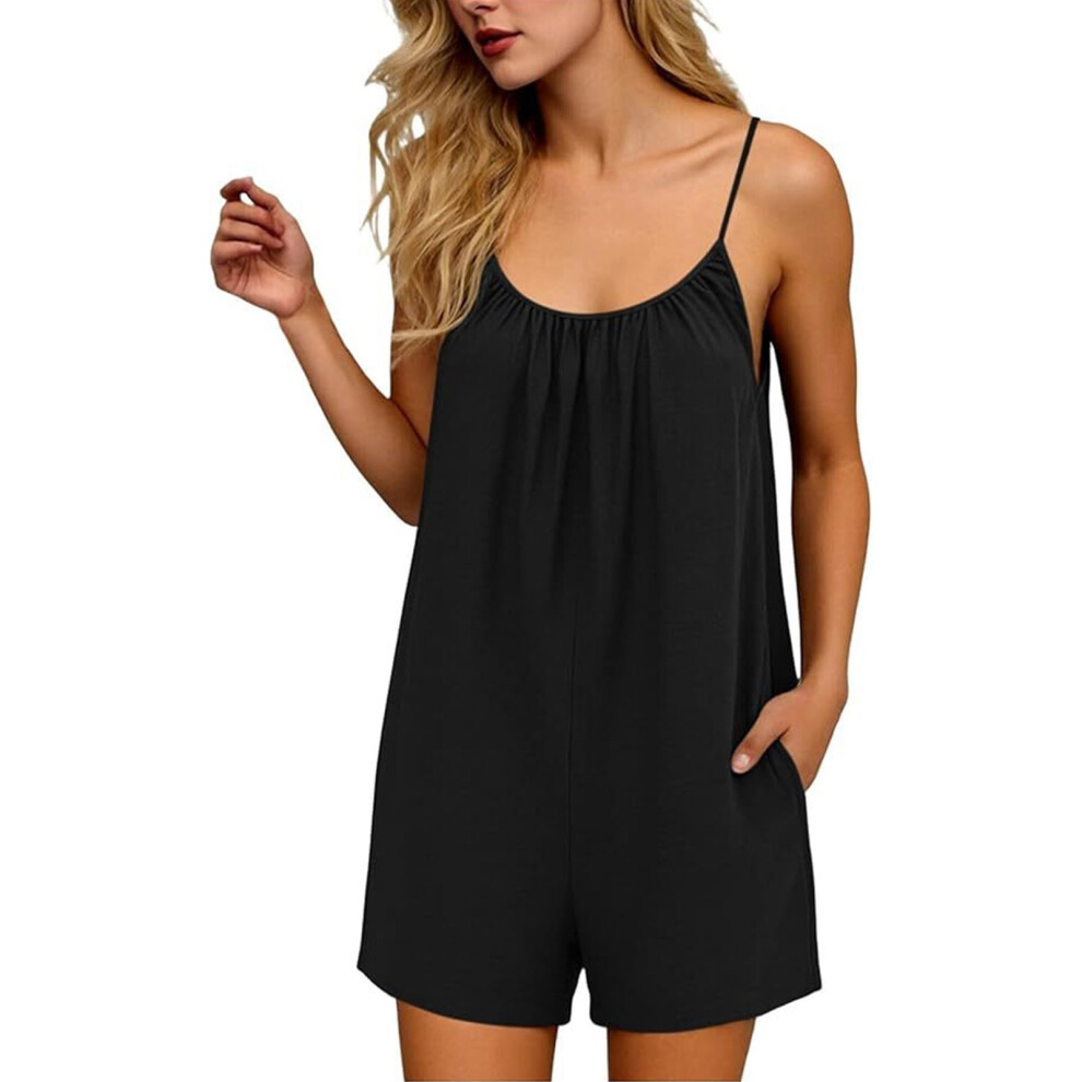 Women's Sleeveless Halter Short Romper Overalls For-Black L