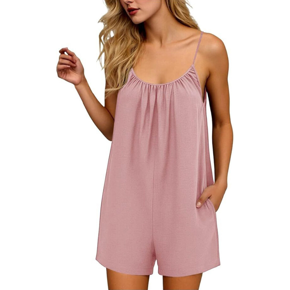 Women Elegant Sleeveless Romper Backless Strap Halter-pink S