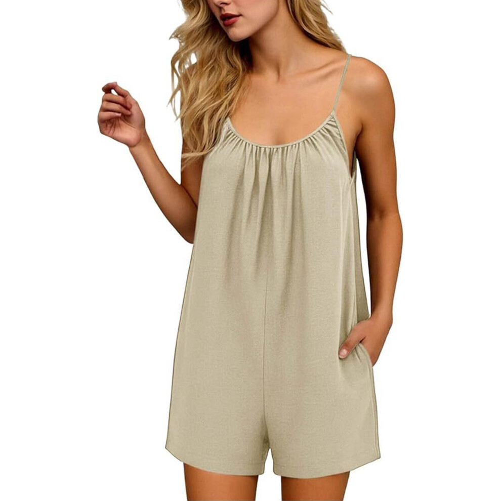 Women Sleeveless Romper Jumpsuit Halter Backless-apricot XXL