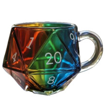 Rainbow D20 Tärningsmugg, 20-Sidig Polyedrisk Spelmugg i Glas, Värmebeständig Transparent Kaffekopp för Brädspelsälskare