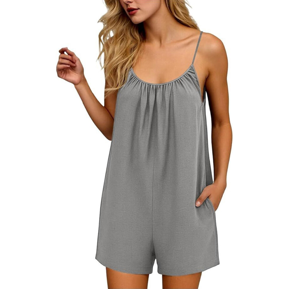 Women's Casual Loose Jumpsuit Adjustable Shoulder-Gray XXL