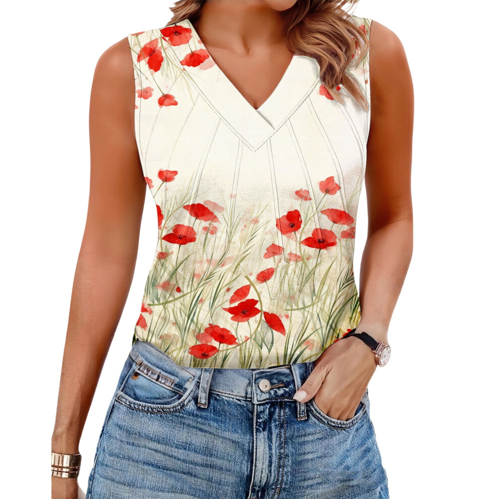 Orange Women's Sleeveless Tops, Loose Fit, V-Neck, Summer,- S