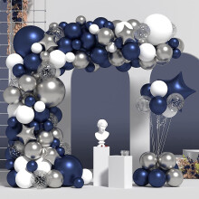 Navy Blue Silver Balloon Garland Arch Kit, 118pcs Navy Blue Balloon Garland Blue White Silver Confetti Balloons Star Foil Balloons For