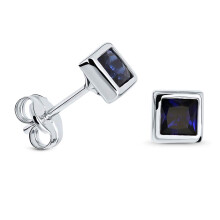 Miore square stud earrings for women in 9kt 375 white gold with blue sapphire