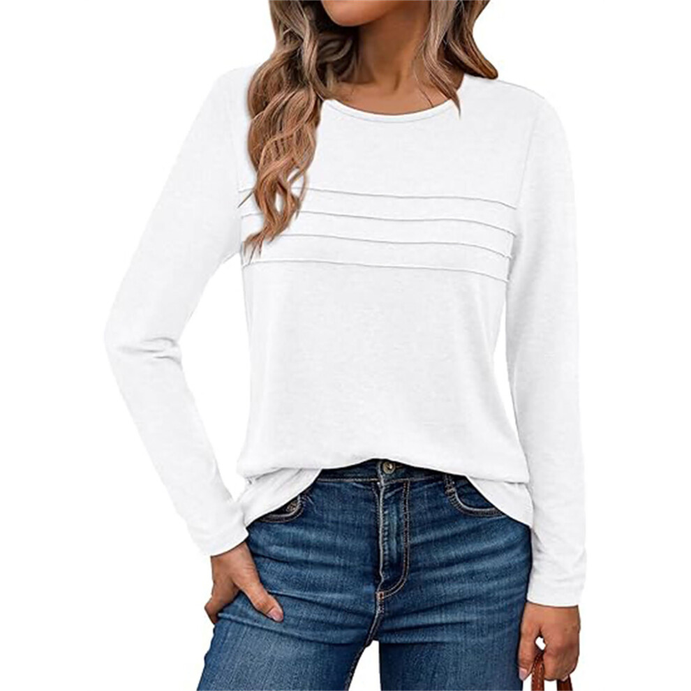 White Women's Long-Sleeved Shirt, Casual Round Neck, Basic- M