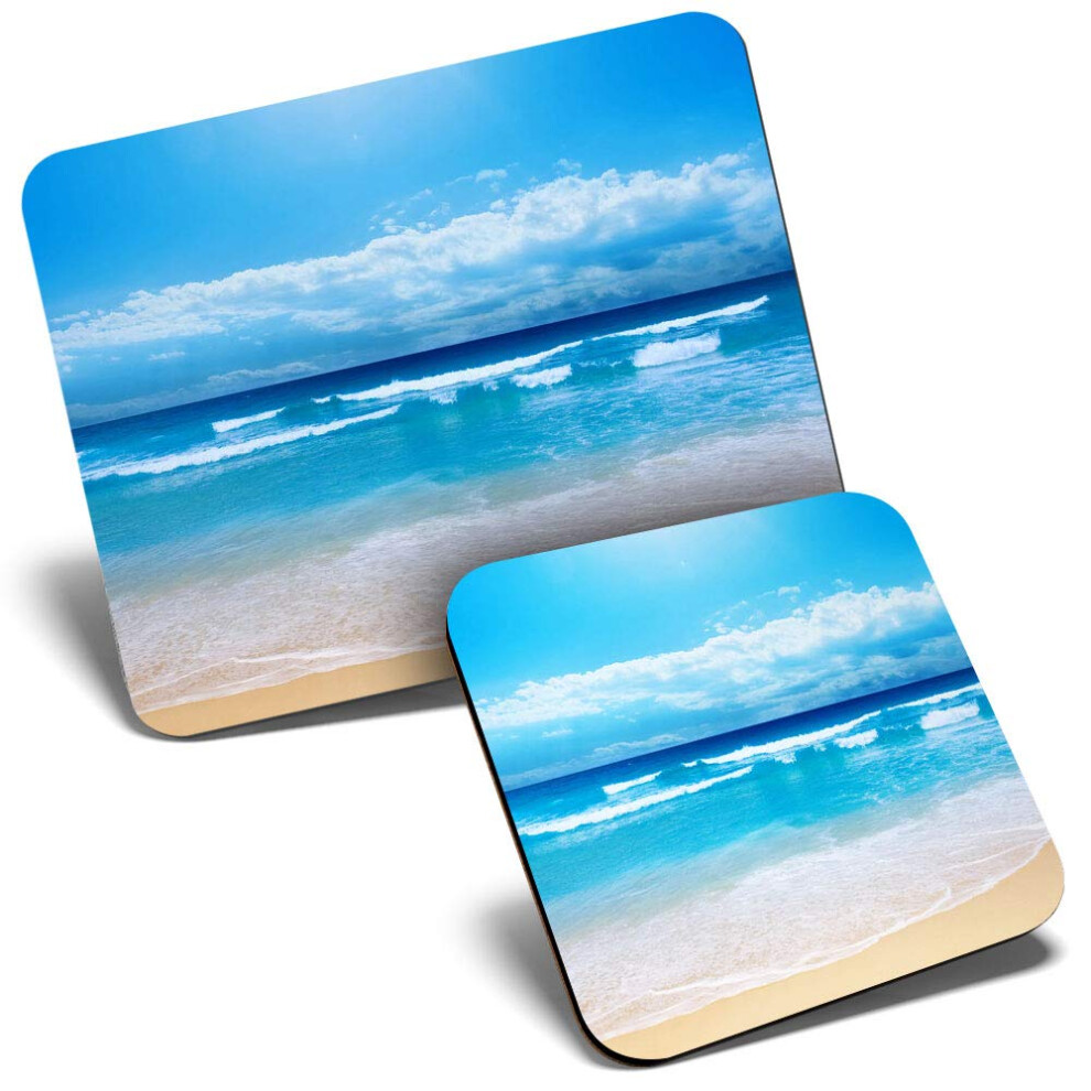 Mouse Mat & Coaster Set - Beach Scene Seaside 23.5 X 19.6 Cm & 9 X 9 Cm For Computer & Laptop, Office, Gift, Non-Slip Base #8962 7626049864354