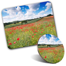 Rectangle Mouse Mat & Round Coaster Set - Poppy Field Sun 20 cm & 9 cm for Computer & Laptop, Office, Gift, Non-slip Base #3666