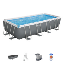 Bestway Power Steel Swimming Pool Complete Set Above Ground Rectangle Paddling Pool, 18' x 9?, Grey