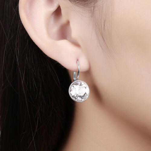 Silver Plated Halo Leverback Drop Earrings Created with Big Round Crystals Elements 1