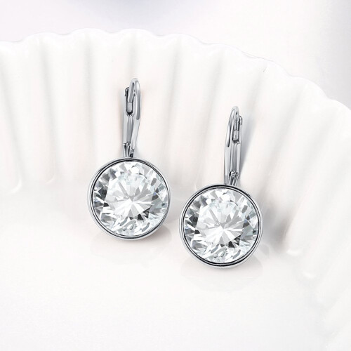Silver Plated Halo Leverback Drop Earrings Created with Big Round Crystals Elements 2