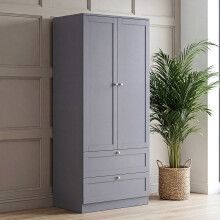 (Grey) 2 Door 2 Drawer Bedroom Wardrobe – Modern Storage Closet with Hanging Rail & Drawers
