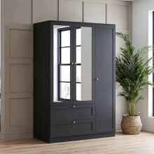 (Black) 3 Door 2 Drawer Bedroom Wardrobe – Modern Storage Closet with Hanging Rail & Drawers