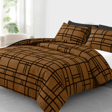 (Double, Brown & Black) Double Brushed Microfiber Duvet Cover Set Reversible Design with Zipper Closure and Corner Ties