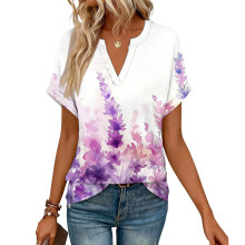 Women's Short Sleeve V-Neck Blouses, Work Blouses,-Purple S
