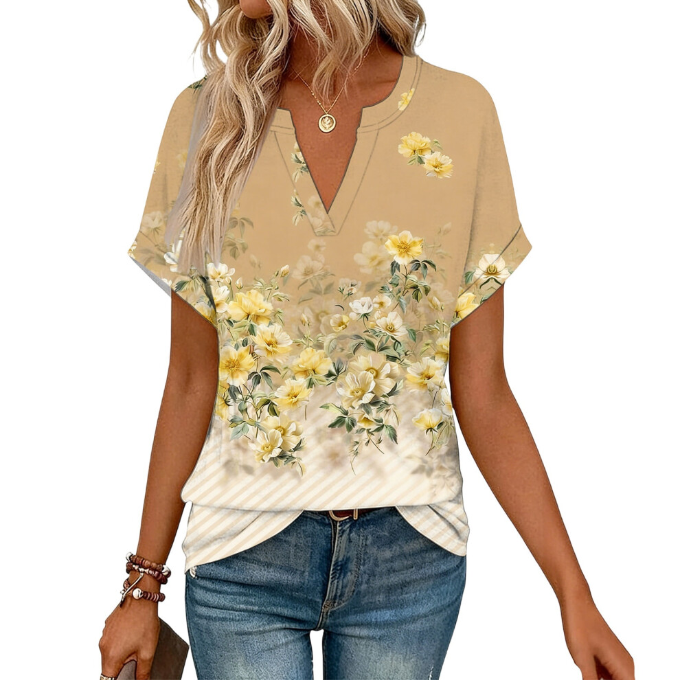 Yellow Women's Short Sleeve V-Neck Blouses, Work Blouses,- Xl