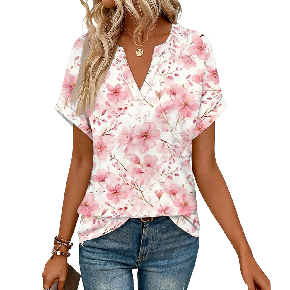 Pink Women's Short Sleeve V-Neck Blouses, Work Blouses,- L