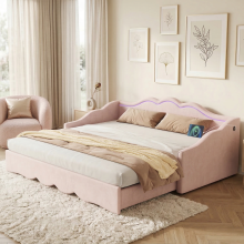 (Pink) Extendable Daybed with LED Light,Sofa Bed,USB/Type-C Port and Velvet Finish,90x190 cm