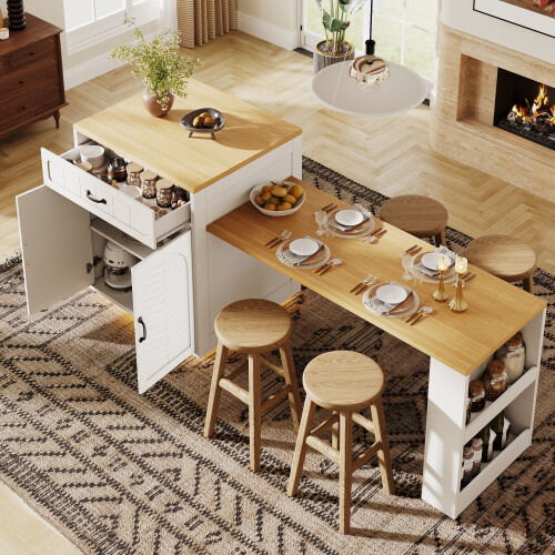 (White) Kitchen Island with Extendable Dining Table, Wine Rack, LED and Storage Cabinet