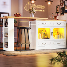 (White) 360 Rotating Kitchen Island Bar Table with App-Controlled LED, Wine Rack and Storage with 4 Drawers