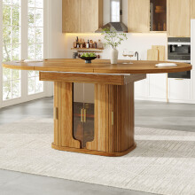 (Walnut 2) Extendable Dining Table, Round to Oval Table with 3-Tier Storage, 118-158cm,seats up to 6 people