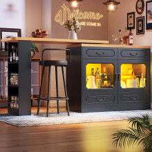 (Black) 360 Rotating Kitchen Island Bar Table with App-Controlled LED, Wine Rack and Storage with 4 Drawers