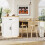 (White) Kitchen Island with Extendable Dining Table, Wine Rack, LED and Storage Cabinet 7